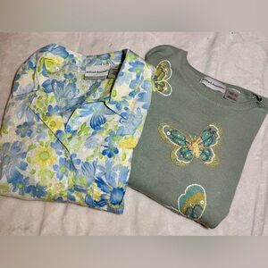 2 Alfred Dunner tops. Mint green sweater w/embroidery & floral button down